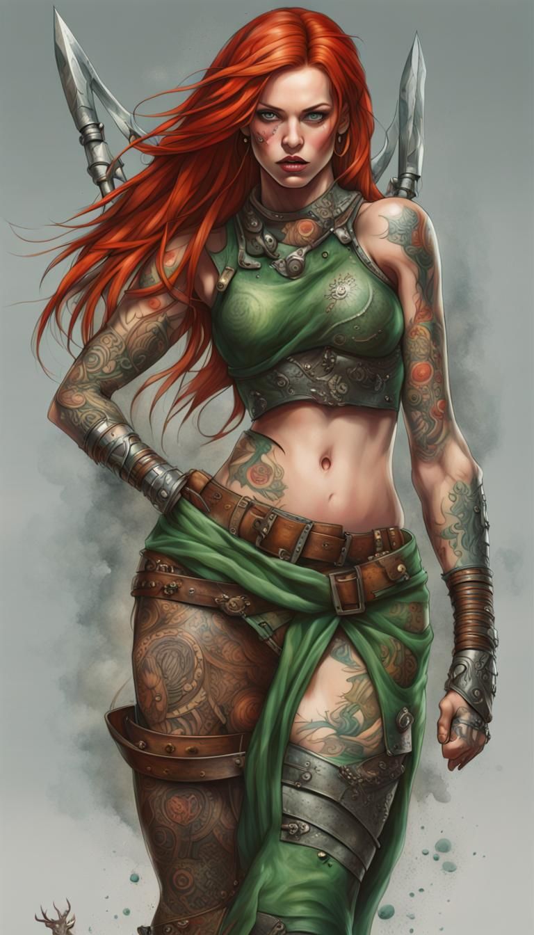 Hyperrealistic Red-Haired Amazon Warrior in Metal Armor