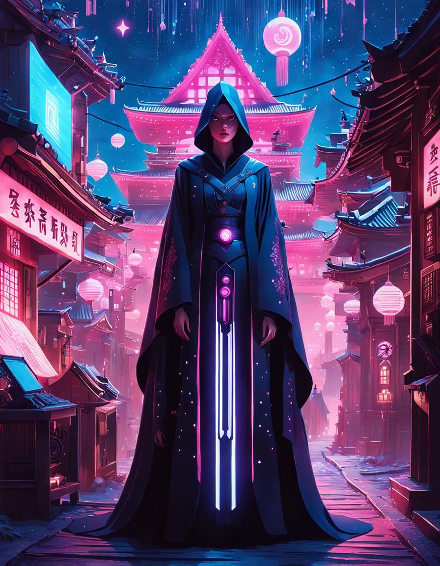 Cyborg Witch in Glowing Robe, Surreal Digital Art
