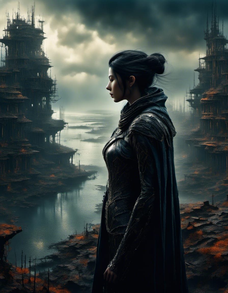 Cyborg Observes Ruined Harbor in Ethereal Style