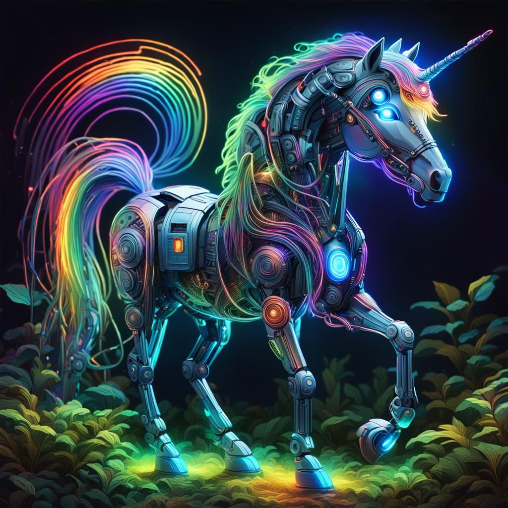 Ethereal Robot Pony Amidst Iridescent Wonders in Cyberpunk D...