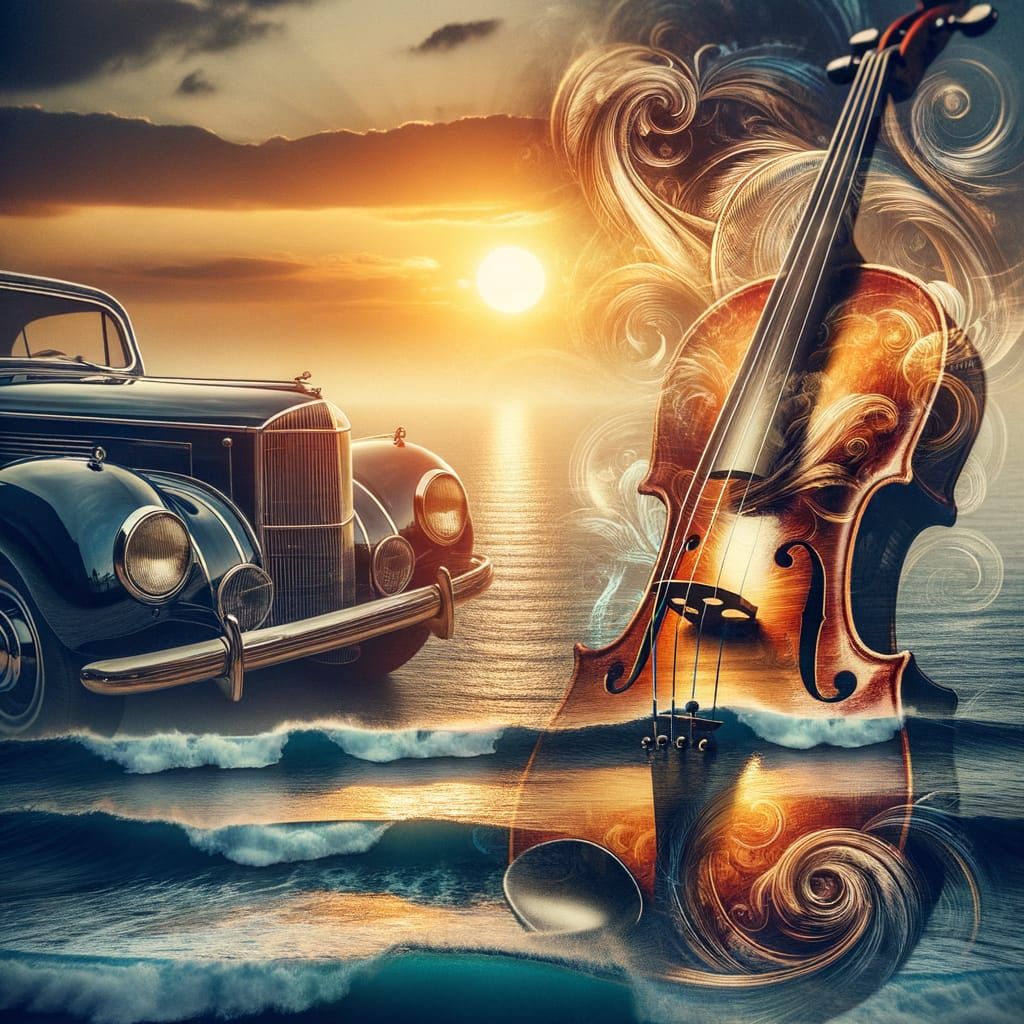 Sunset Car Violin Sea Double Exposure