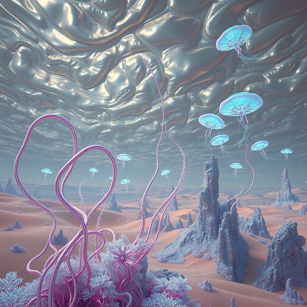 Ethereal Iridescent Flora in Surreal Landscape