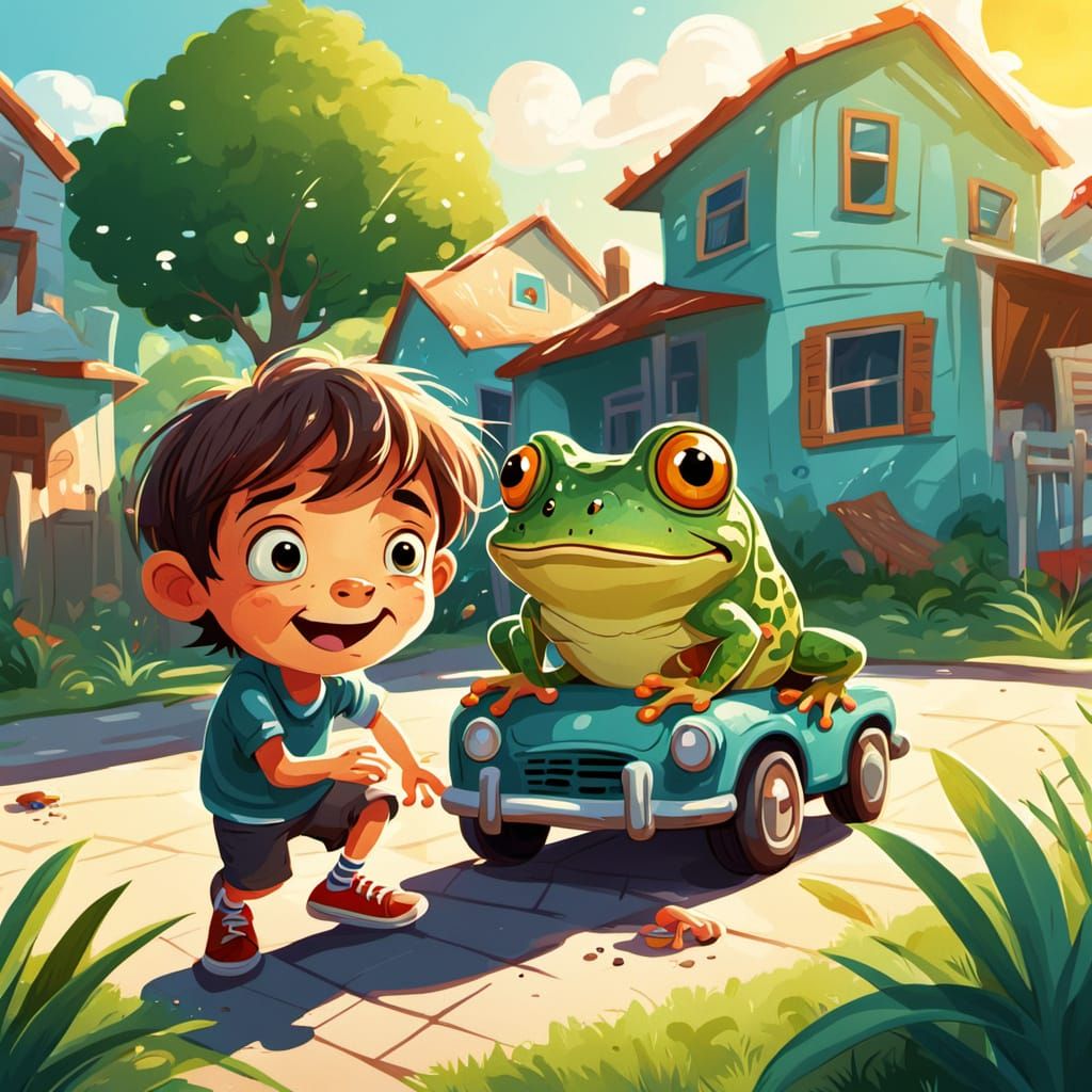 Child's Playful Frog Ride: A Cartoon Illustration