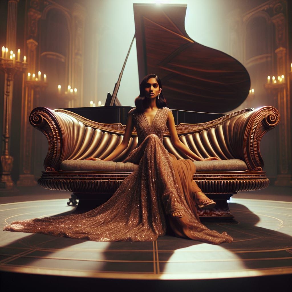 A woman in a long elegant dress sitting cross legged on a so...