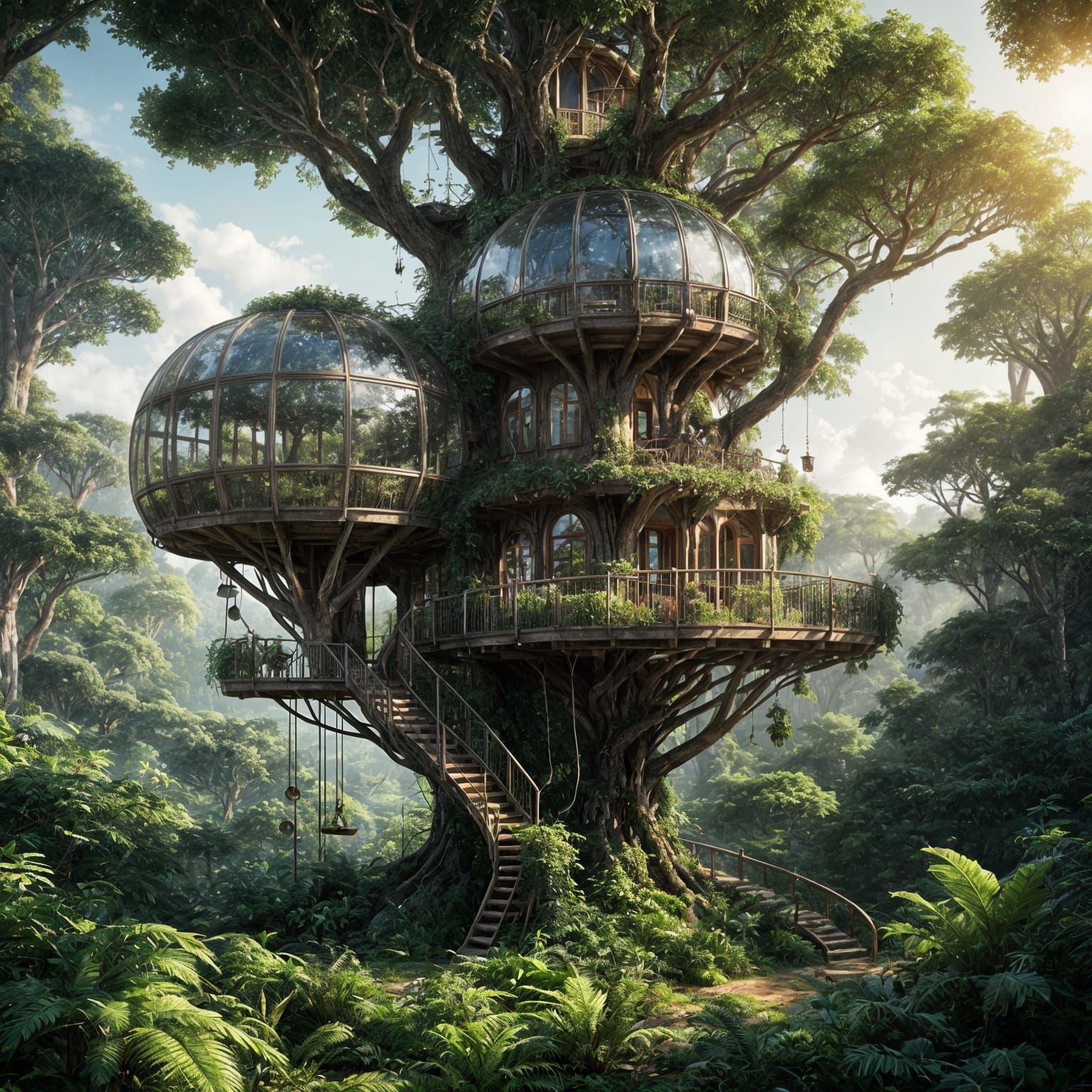 Surreal Solarpunk Treehouse in a Dense Forest