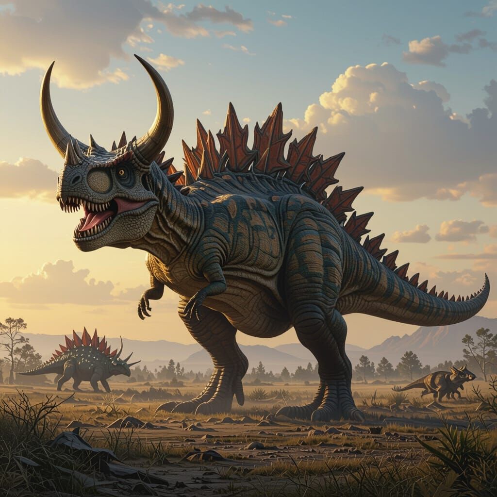 Hybrid Dinosaur in Fantastical Prehistoric Landscape