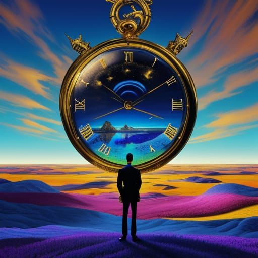 Surreal Dreamscape with Melting Clocks in Golden Light