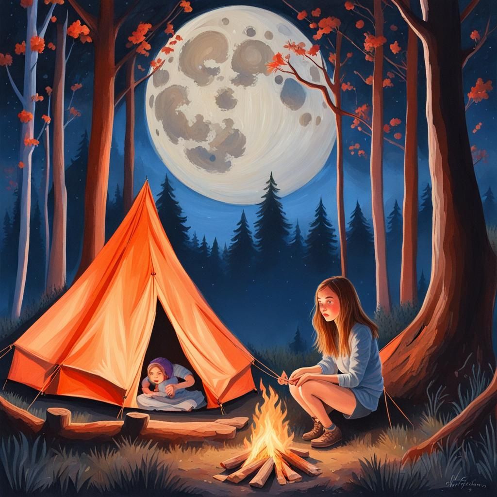 Magical Forest Camping Scene in Gouache Style