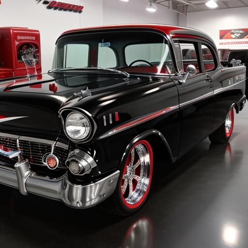 Black 1957 Chevy with Red Wheels