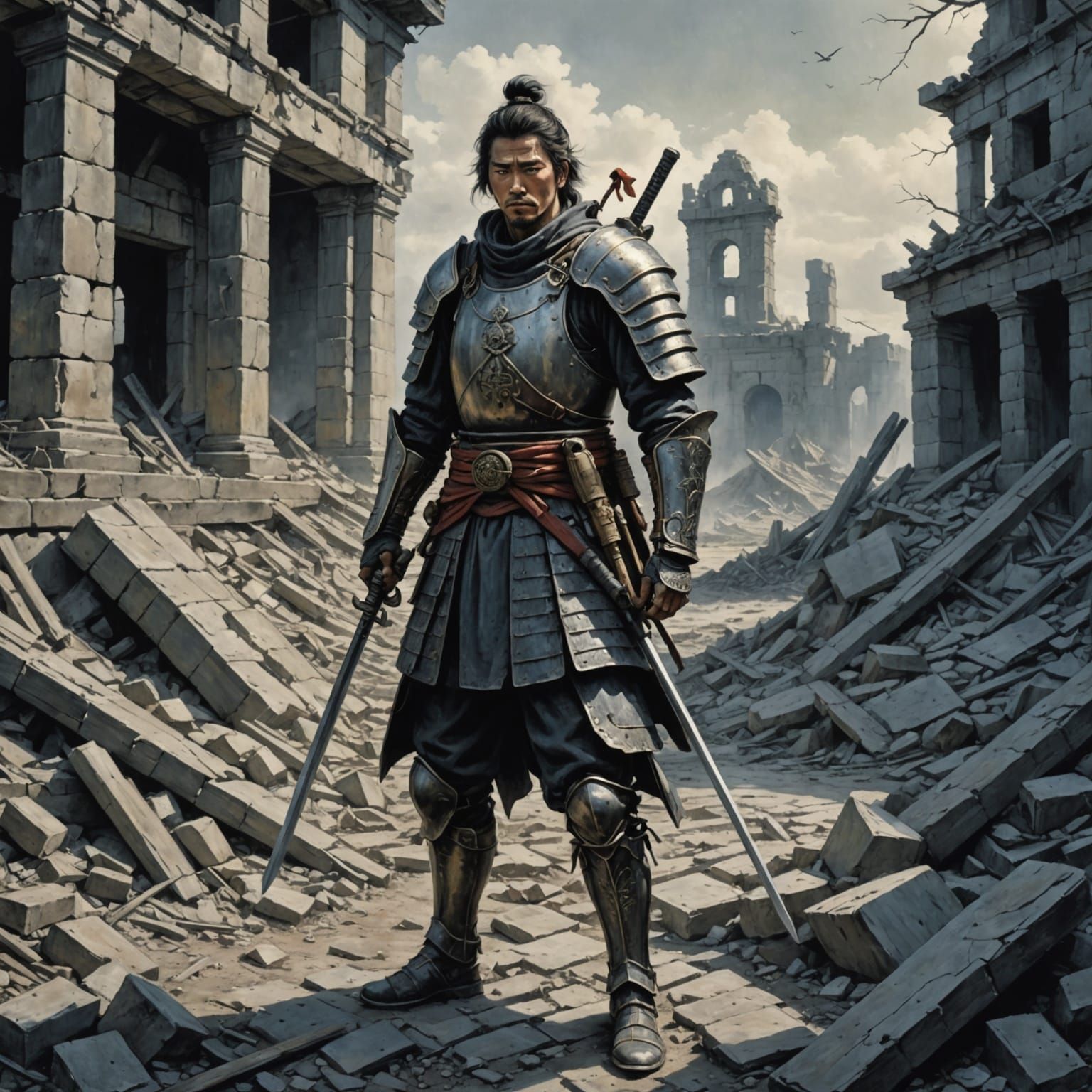 Samurai Warrior in Ruins with Giant Pocket Watch