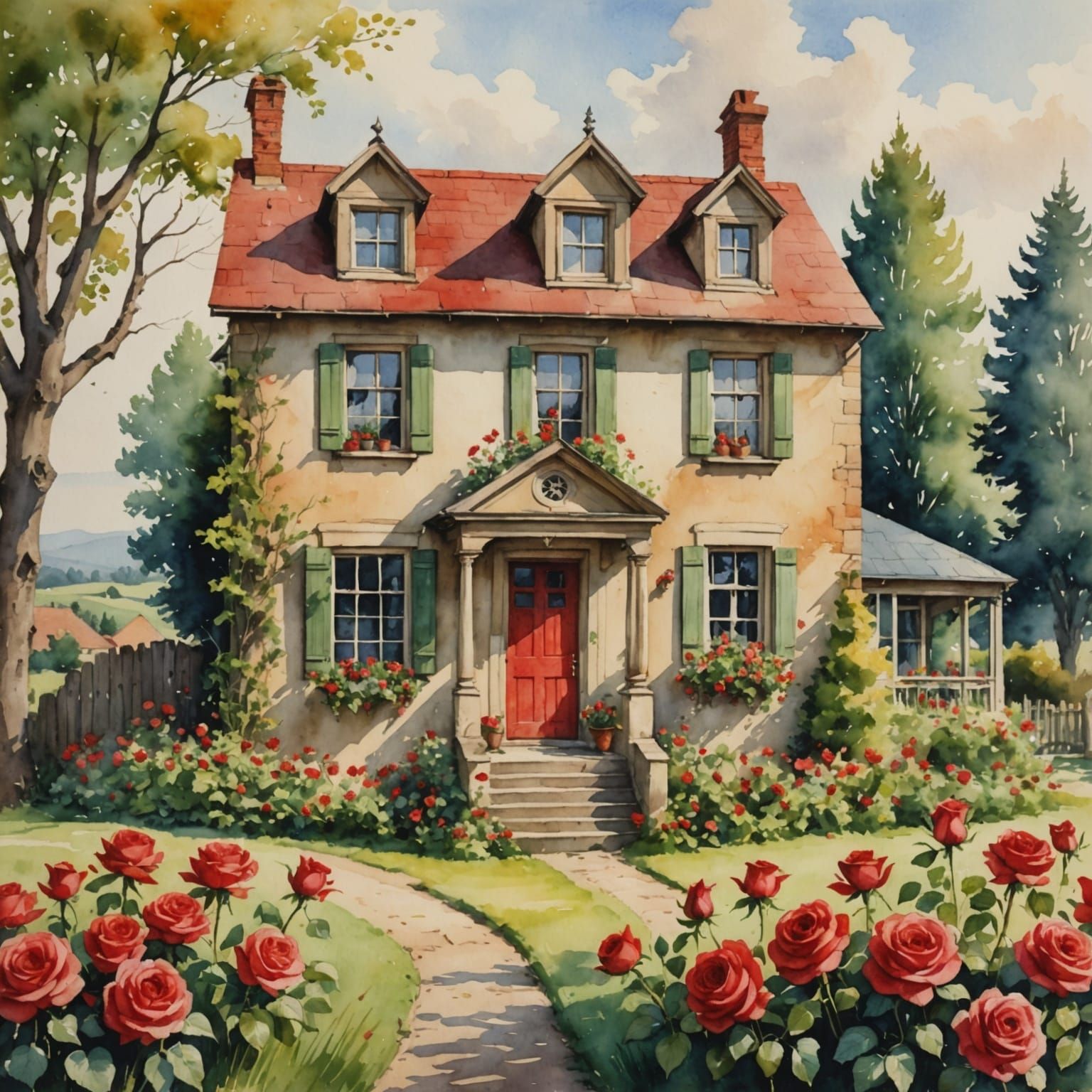 Watercolor Country House with Red Accents