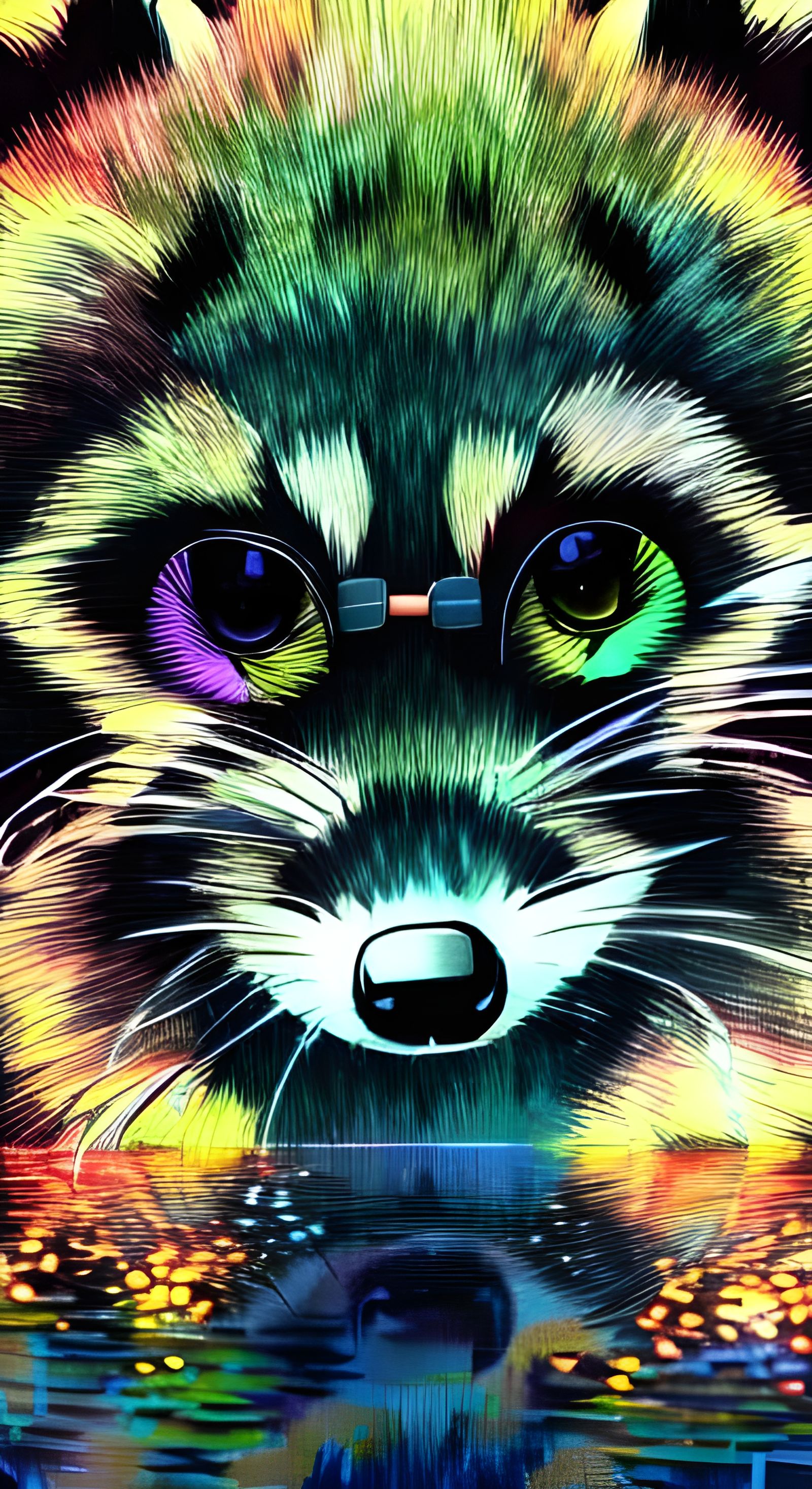 Raccoon wearing sunglasses with a reflection a Waterfall at night