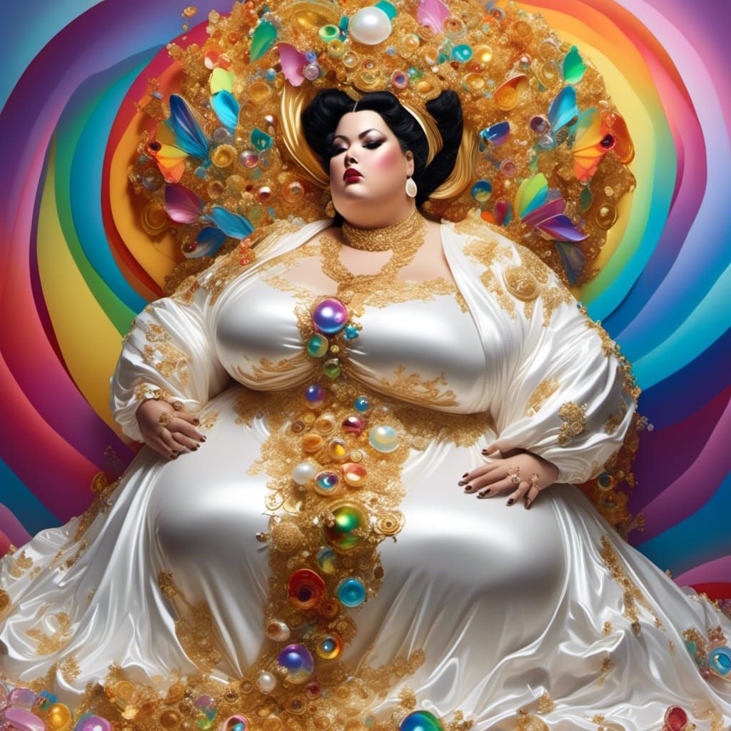 Statuesque Woman in Rainbow Satin, Detailed Digital Art