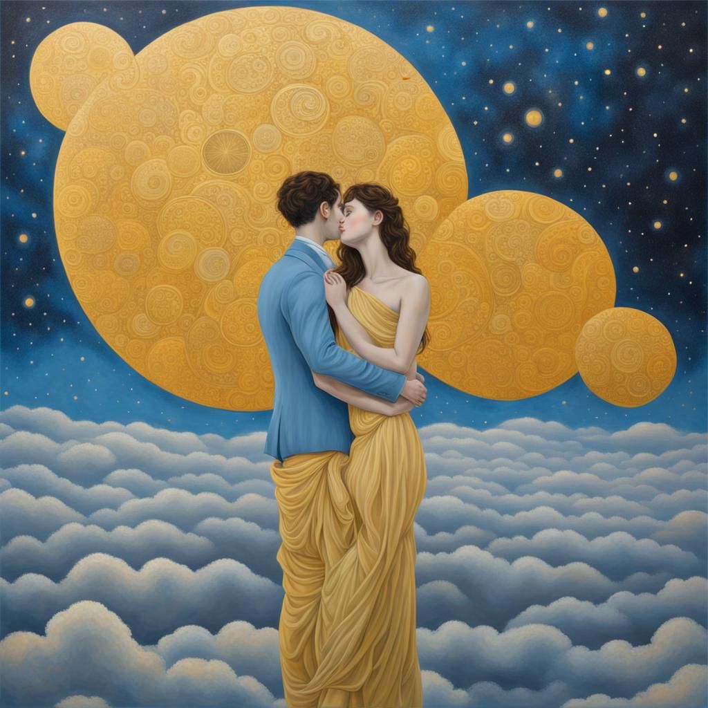 Hyperrealistic Couple in Starry Sky, Golden Art