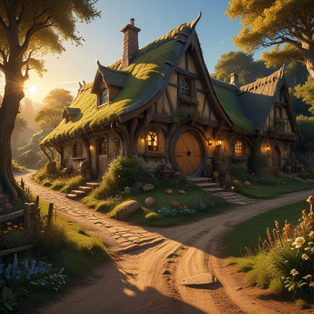 Medieval Hobbit Inn on Dirt Road in Comic Book Style