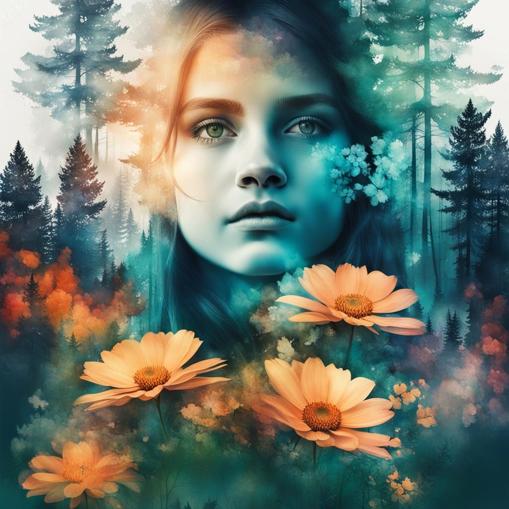 Abstract Double Exposure: Forest, Face, Wolf, Flowers