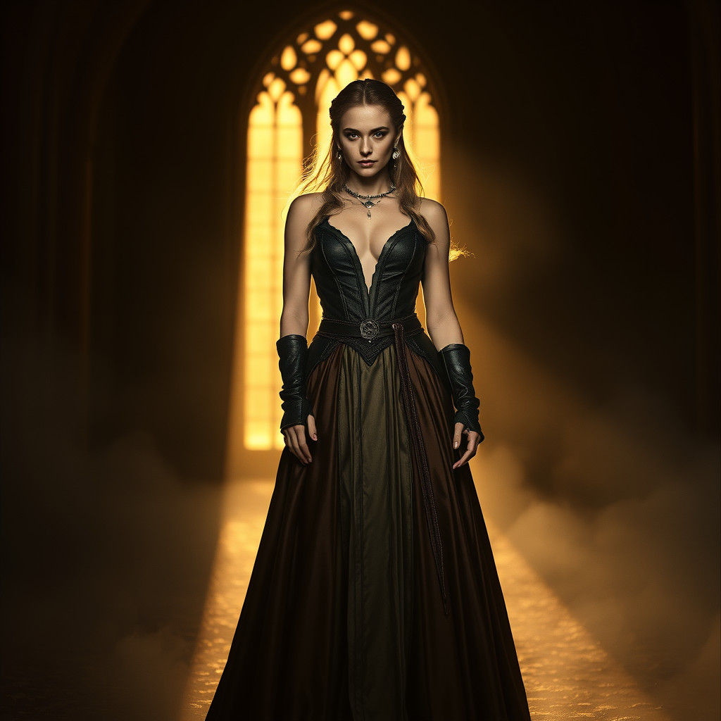 Gothic Heroine in Regal Attire Amidst Misty Backdrop