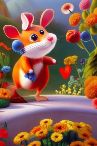 Playful Mouse in Colorful Garden Illustration