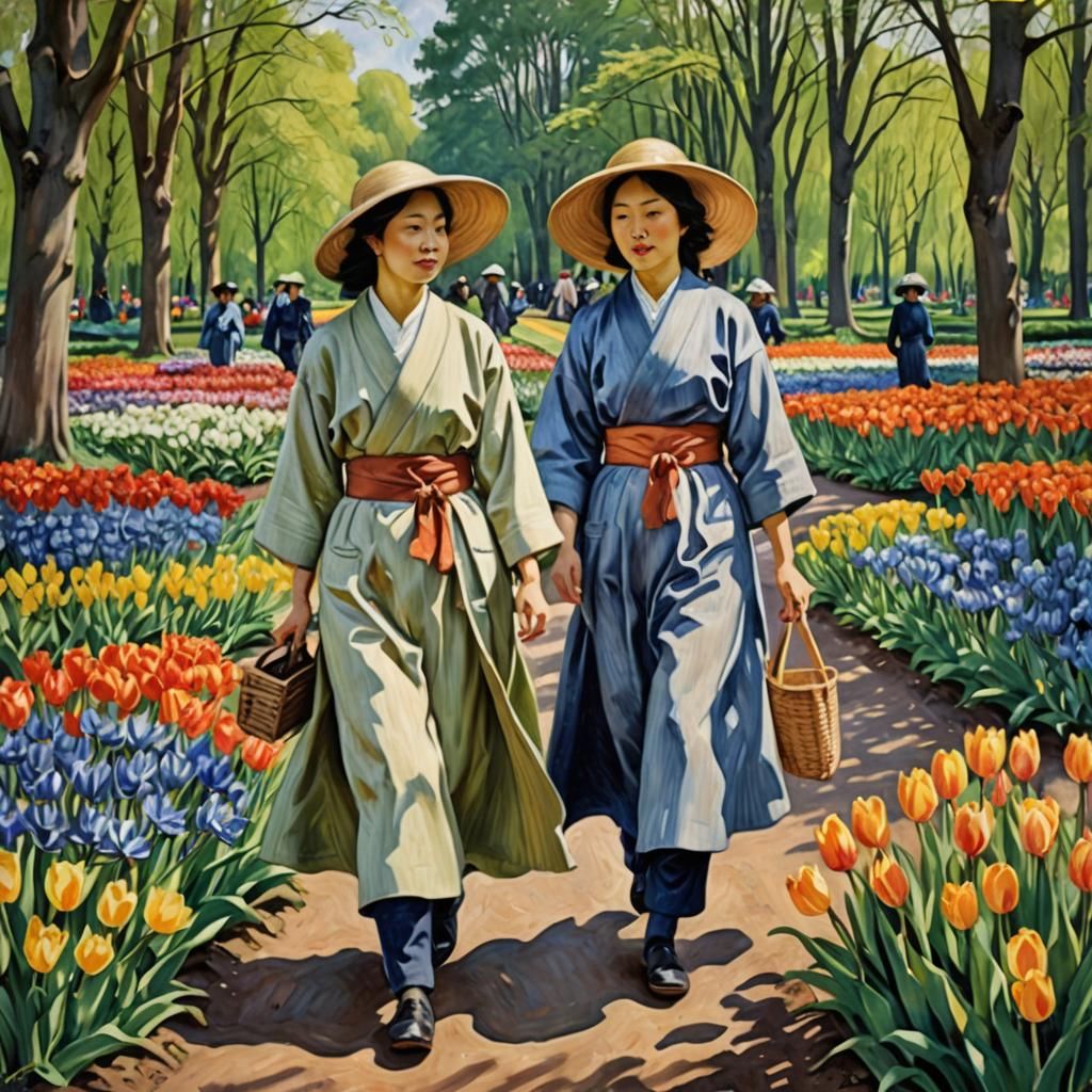 Japanese Women in Keukenhof Park, Classic Painting