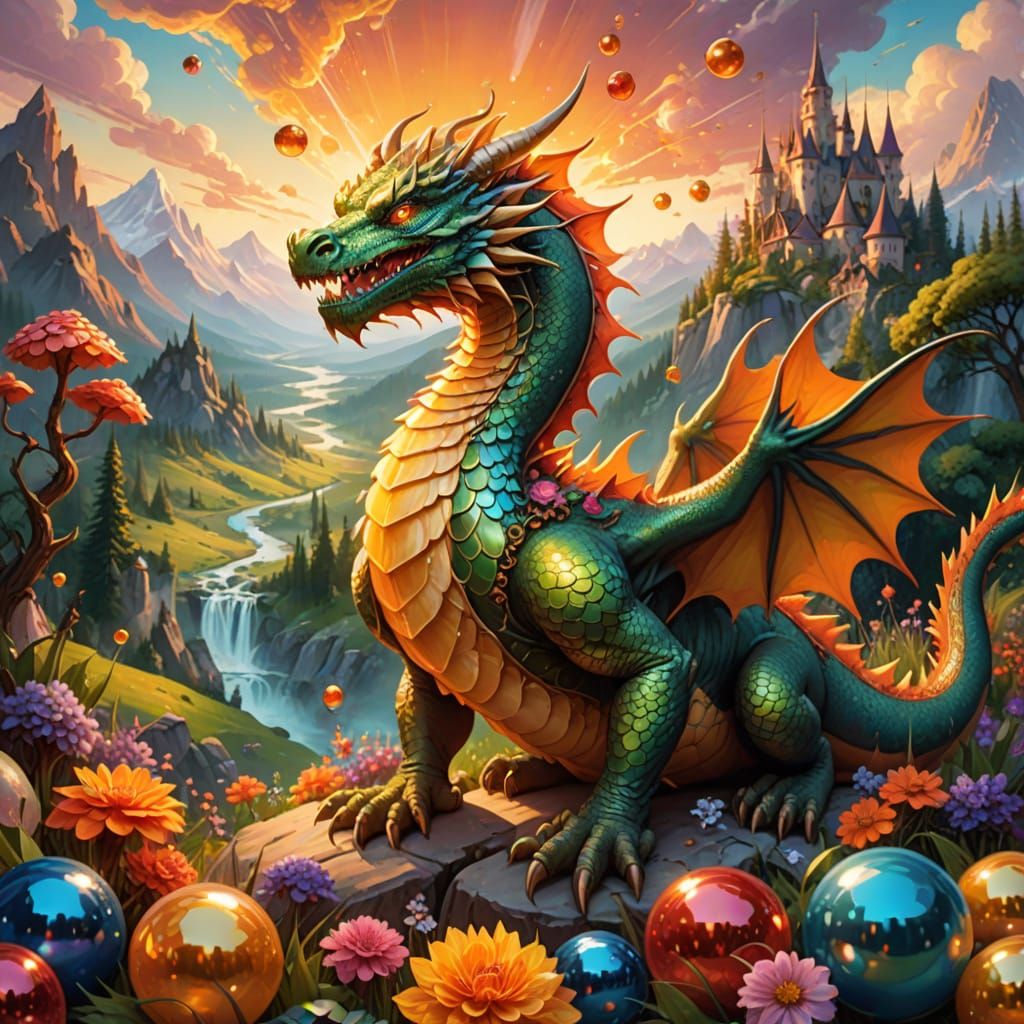 Dragon in Whimsical Wonderland of Colorful Critters and Vibr...