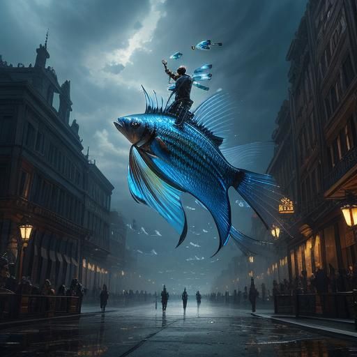 Glass Fish Fly Above Boy: Digital Matte Painting