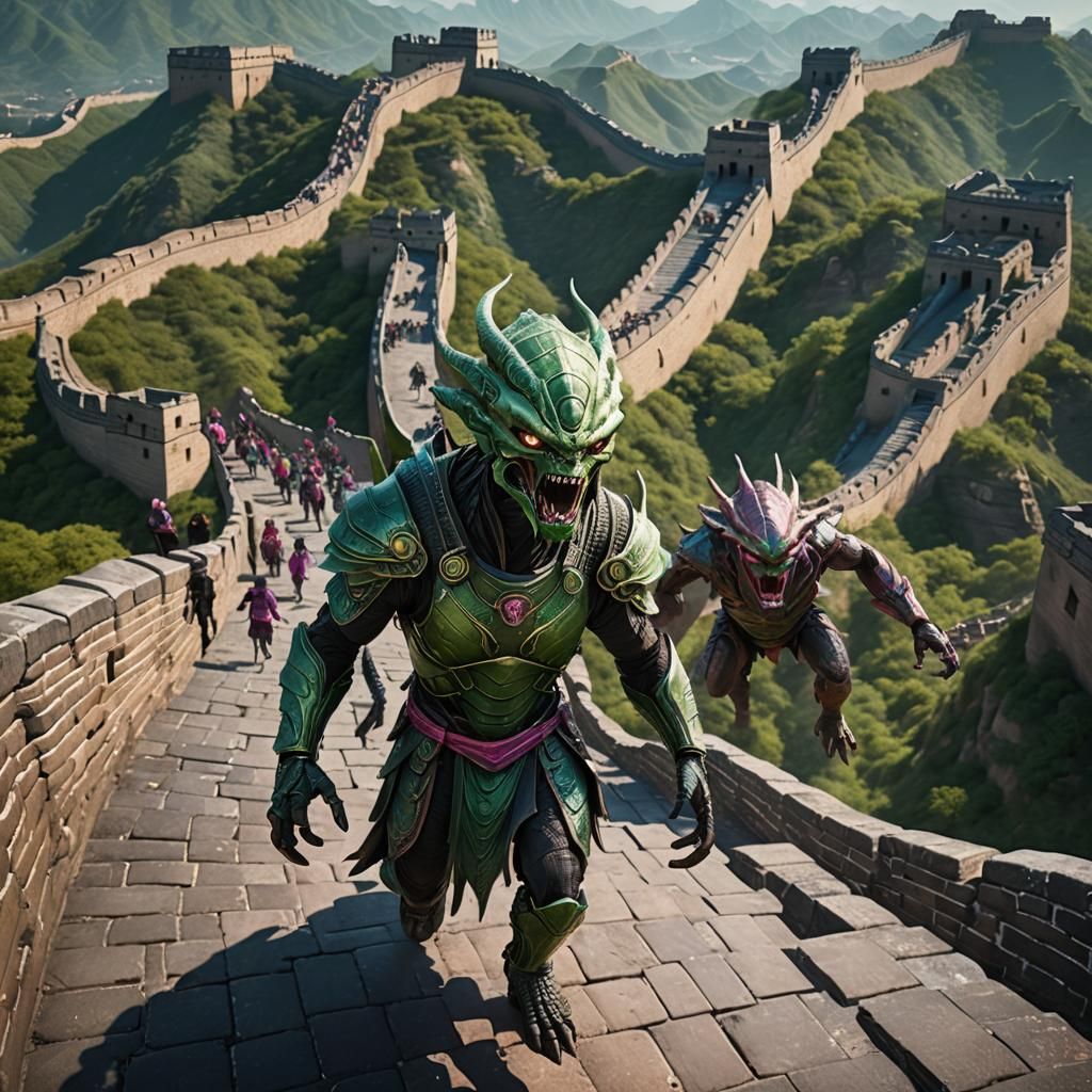 Aliens on Great Wall in Dark Fantasy Style