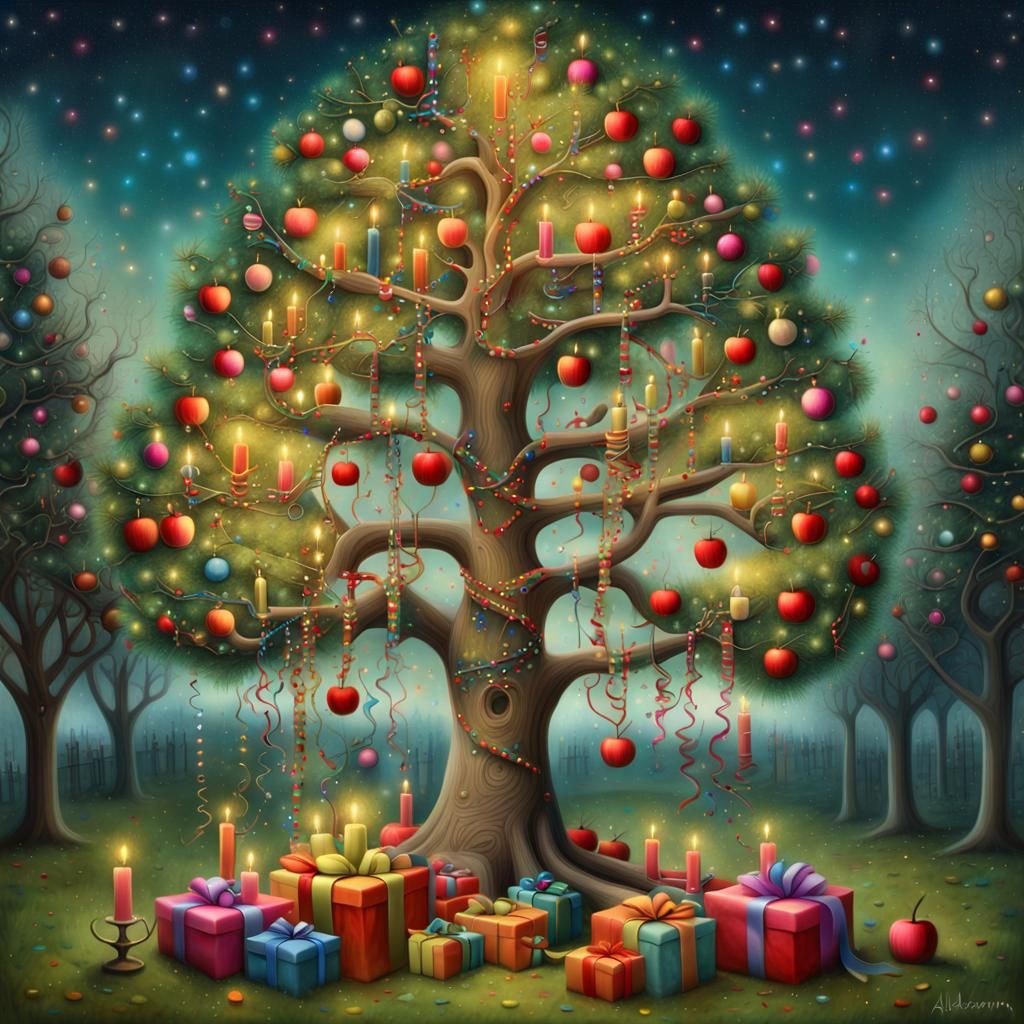 Festive Apple Tree Christmas Illustration