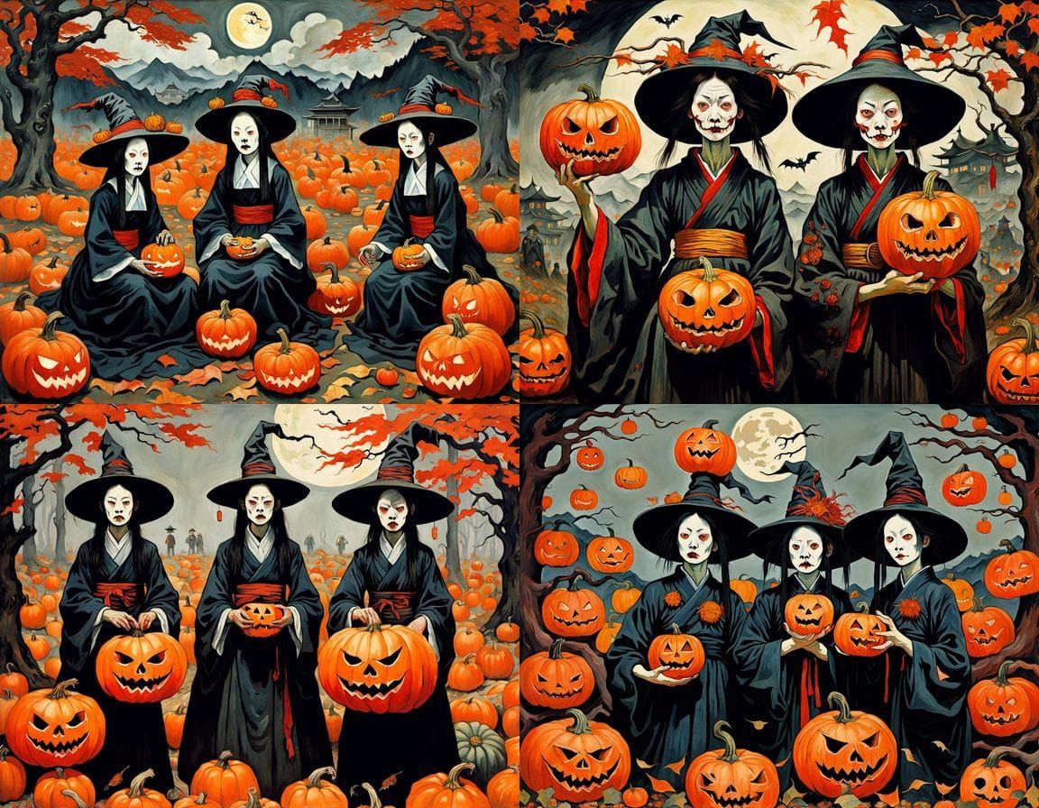 Ukiyo-e Witches with Skulls and Pumpkins in Surrealist Style