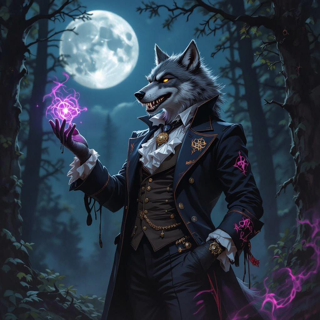 Werewolf Warlock in Moonlit Forest, Fantasy Art