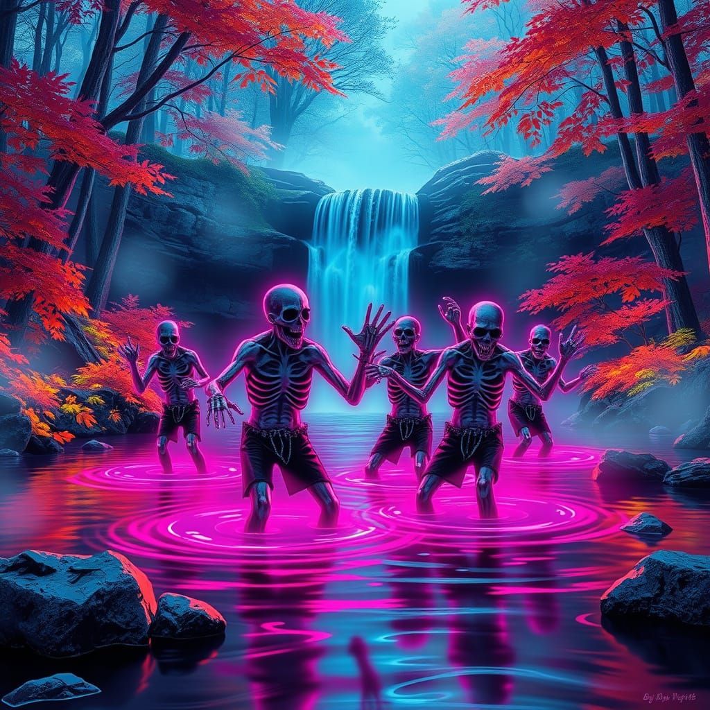 Undead Zombies Dance Under Autumnal Waterfall in Neon Glow