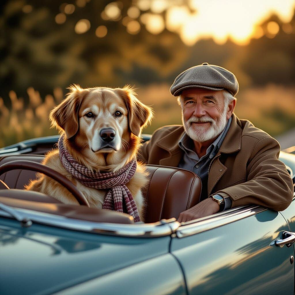 Nostalgic Golden Hour: Old Dog and Man in Convertible