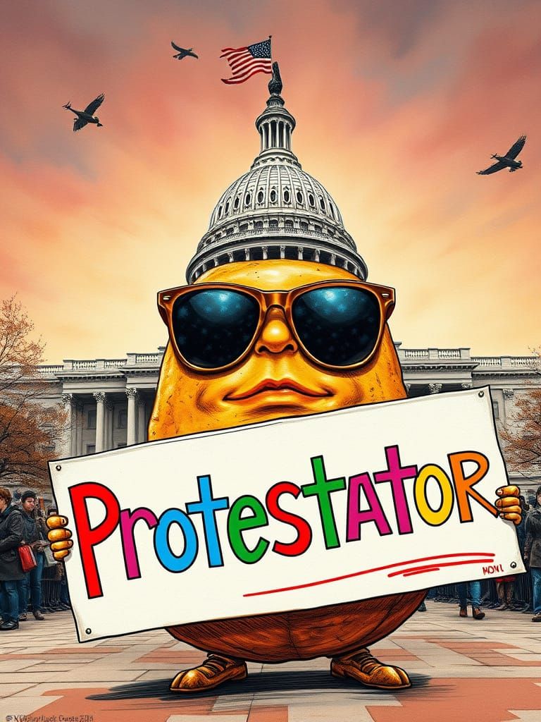 Caricature Potato Protester at US Capitol in Alcohol Ink Sty...