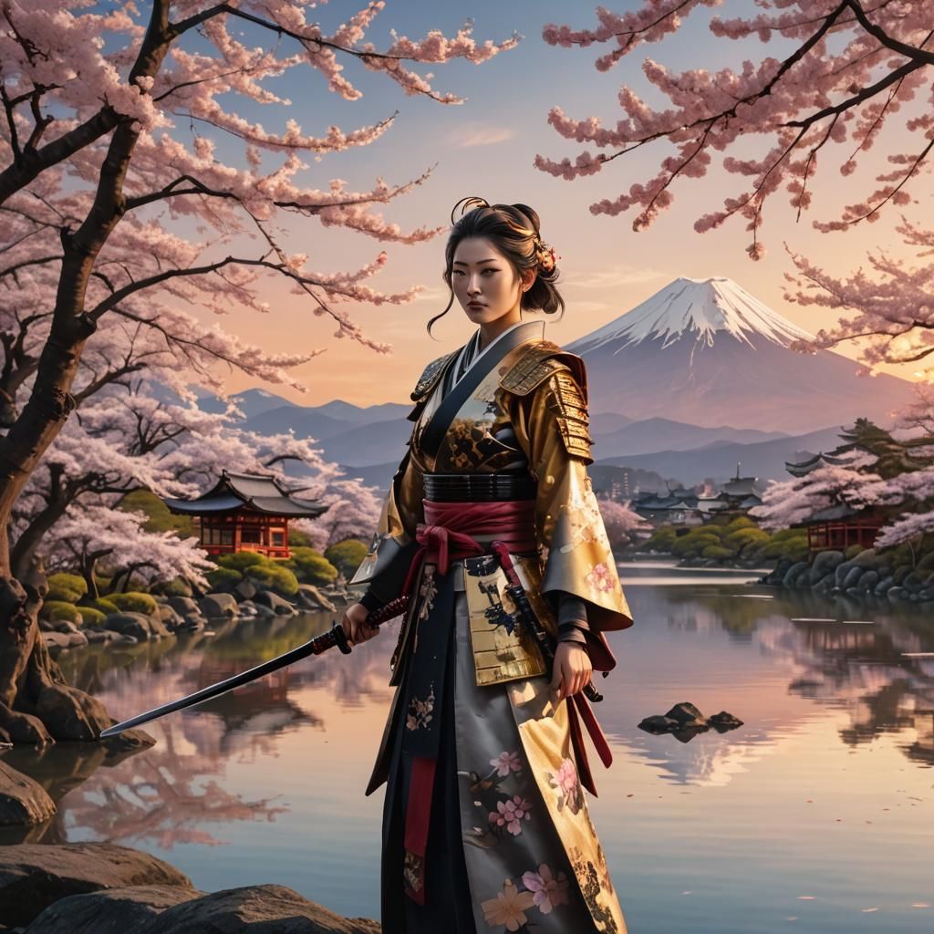 Female Samurai at Lake with Cherry Blossoms