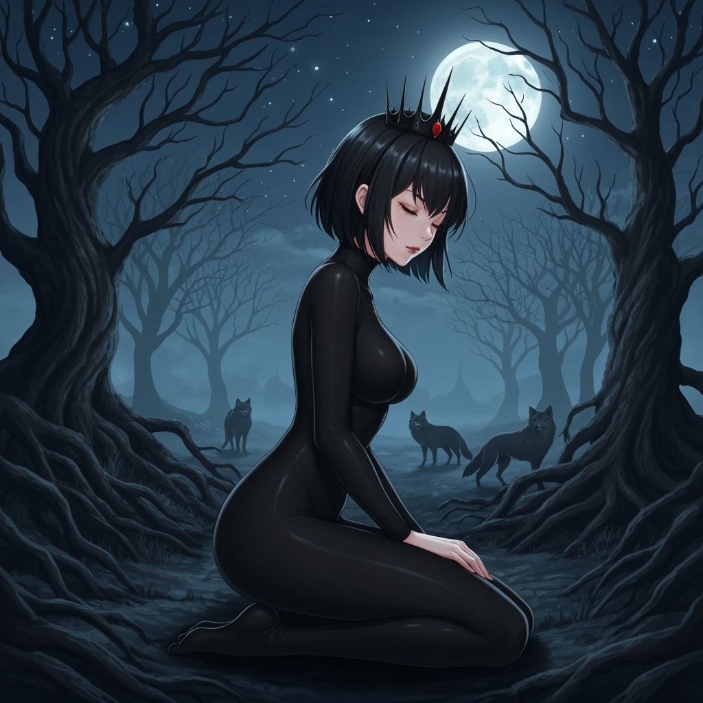 Anime Queen Sleeps in Dark Forest Under Moonlight