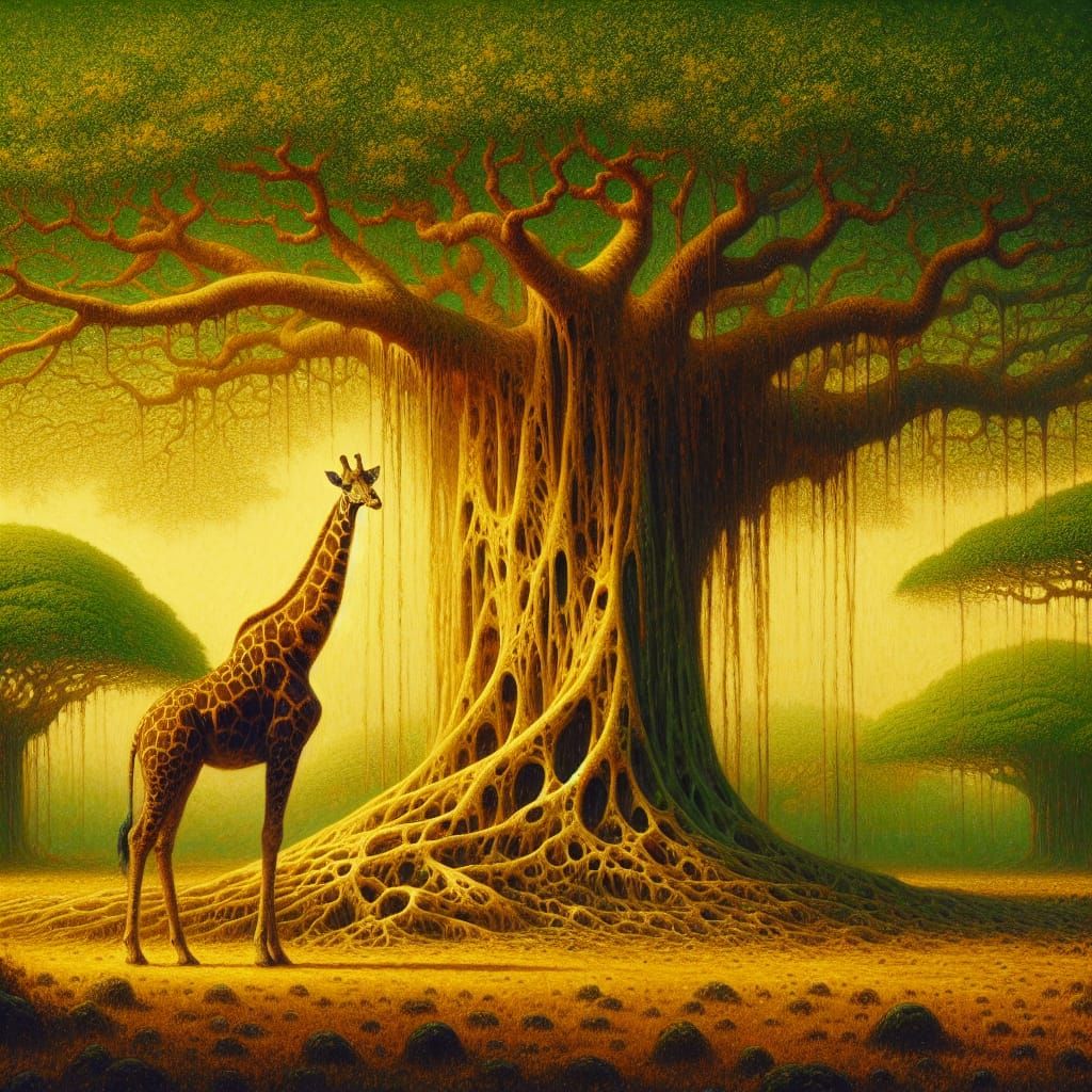 Regal Giraffe Amidst Banyan Cathedral