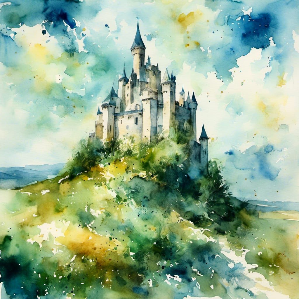 Watercolor Castle Floating in the Clouds