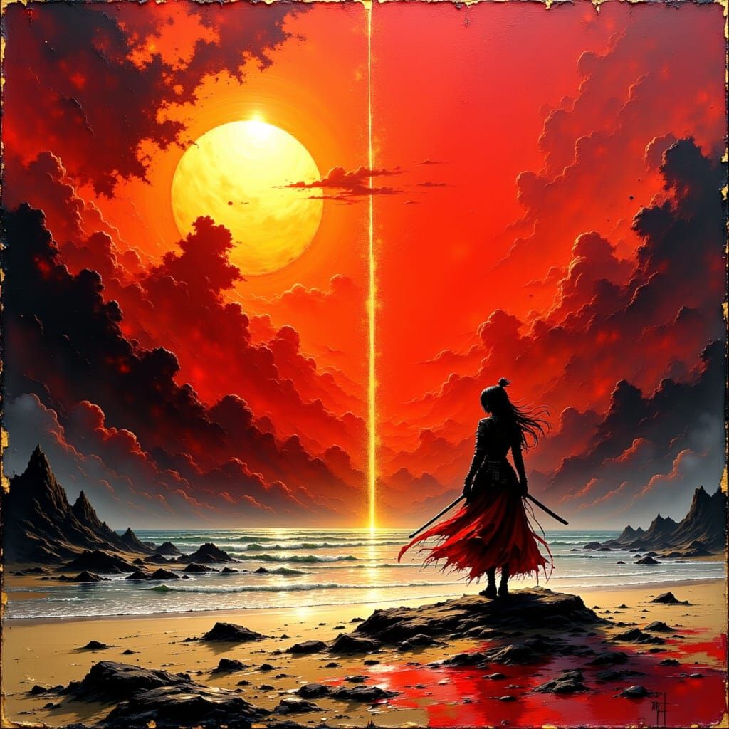 Lone Warrior Under Crimson Sun in Abstract Style