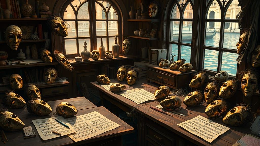 Whimsical Venetian Mask Makers at Work in a Dimly Lit Worksh...