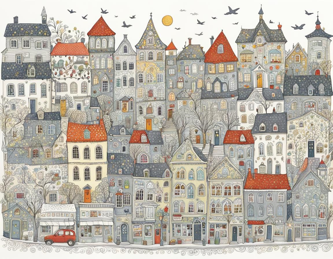 Intricate Doodle-Style Drawing of a Little Town