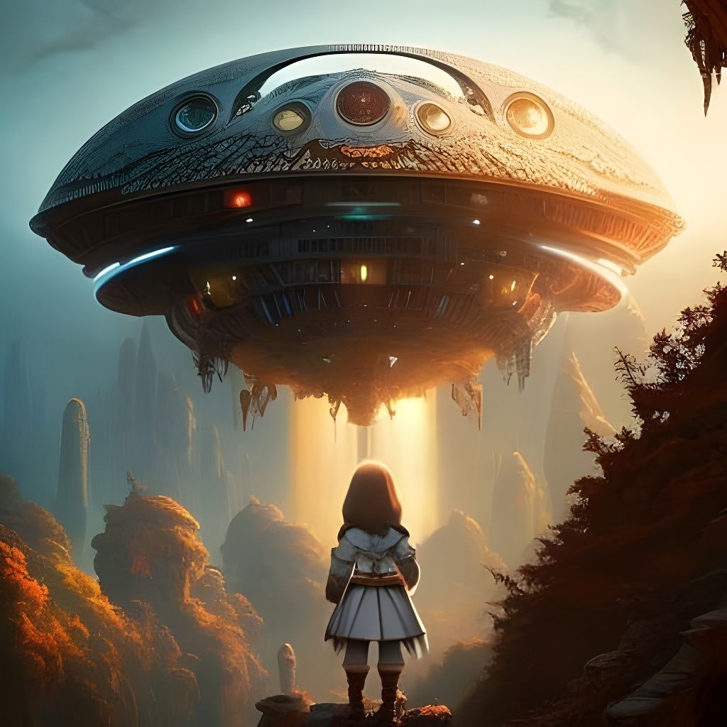 Elf Girl and UFO in Hyperrealistic Digital Art