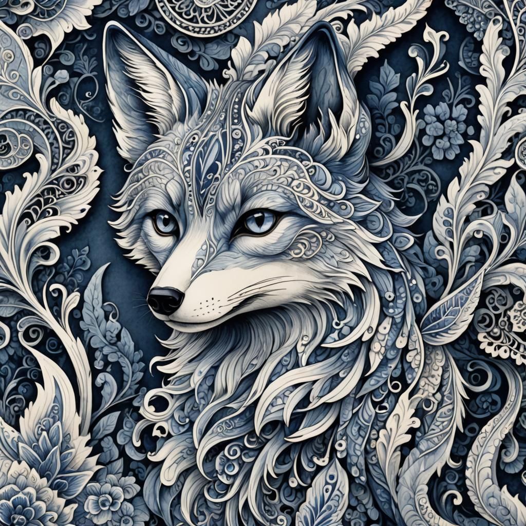 Delft Blue Fox Zentangle in Soft Watercolor