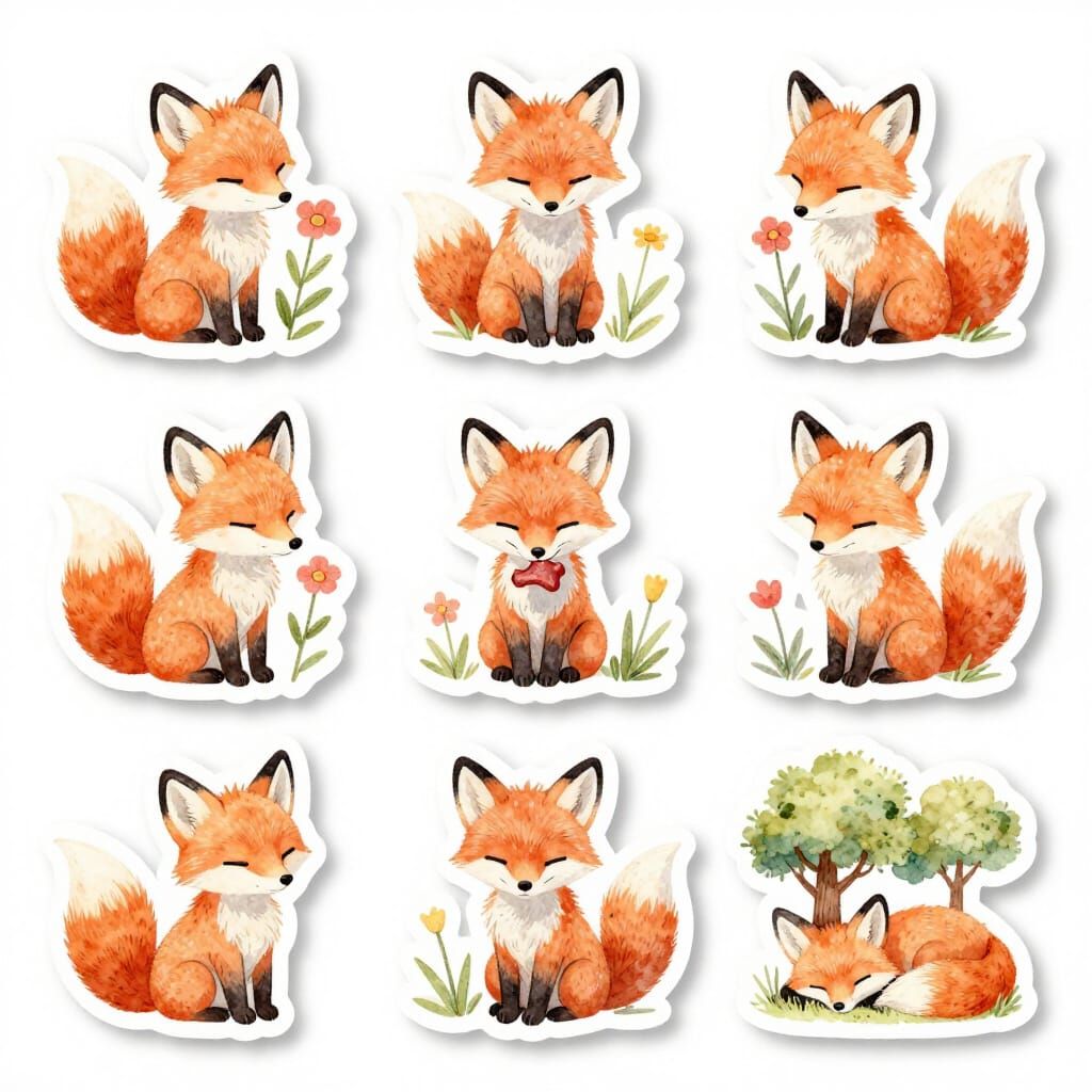 9 Cute Hand-Drawn Fox Stickers in Pastel Watercolor Style