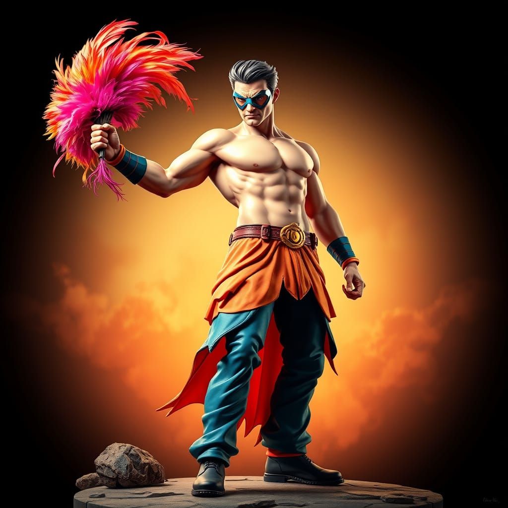 Hyper-Stylized Action Hero with Feather Duster