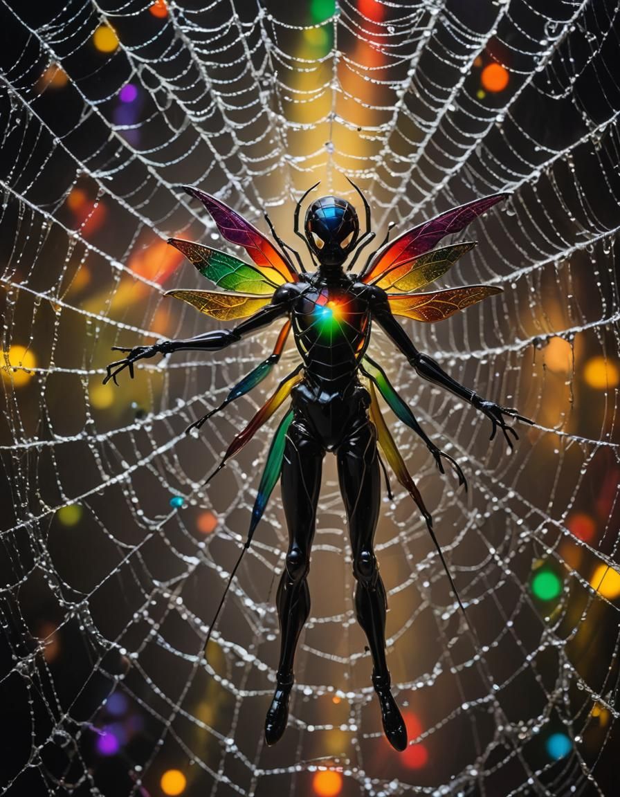 Rainbow Fairy Entangled in Surreal Spider Web