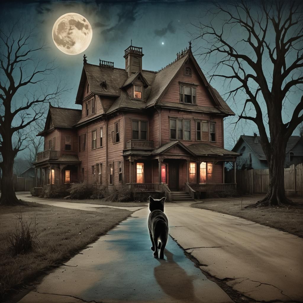 Haunted House with Ghost Cat in Eerie Sepia Moonlight