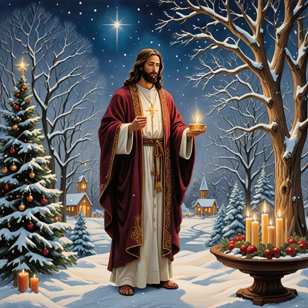 Jesus in Festive Winter Wonderland with Menorah