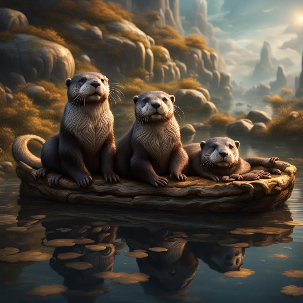 Otters Resting: Rembrandt-Style Detailed Matte Painting