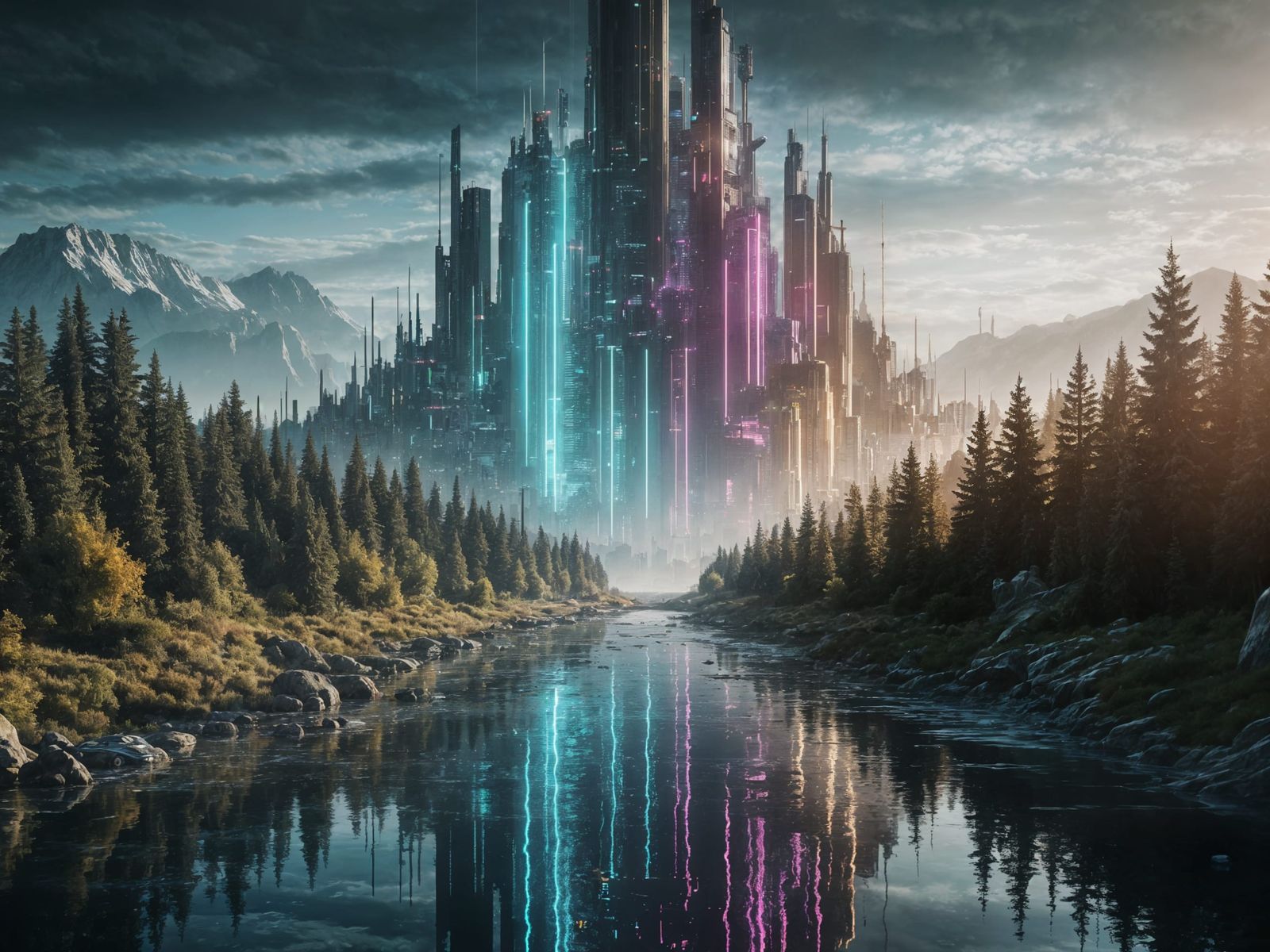 Cyberpunk City Meets Untouched Nature in Digital Painting
