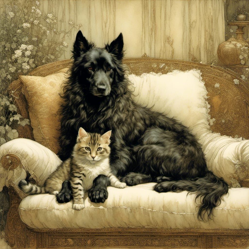 Dog and Kitten Cuddle, Classic Illustration Style