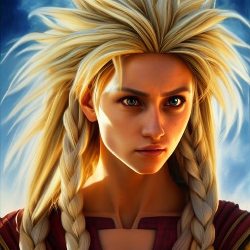 Super Saiyan Woman in Combat, Hyperrealistic Art